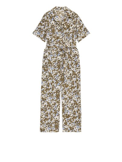 Belted Floral Jumpsuit - Beige