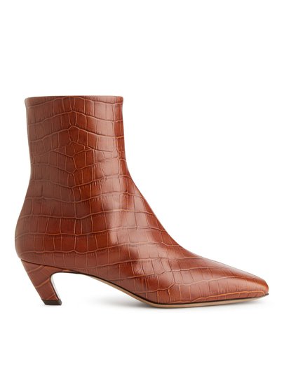 Mid-Heel Leather Ankle Boots - Beige