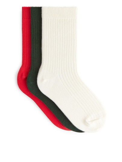 Rib Knit Socks, 3 Pairs - Red