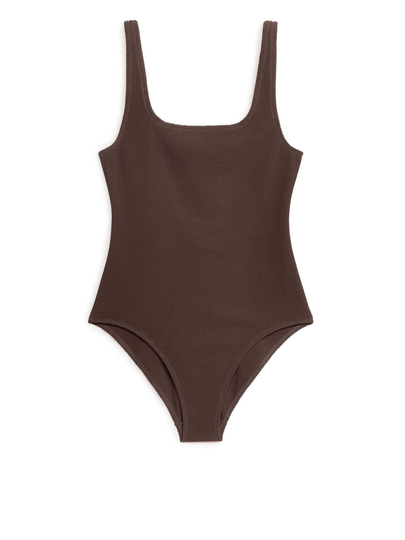 Crinkle Square Neck Swimsuit - Brown