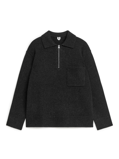 Knitted Wool Half-Zip Cardigan - Black