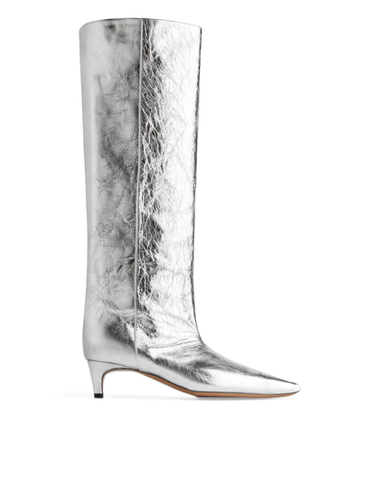 Pointed Kitten-Heel Boots - Silver