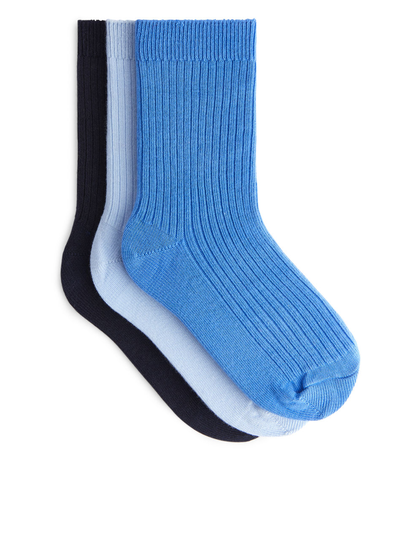 Rib Knit Socks, 3 Pairs - Blue
