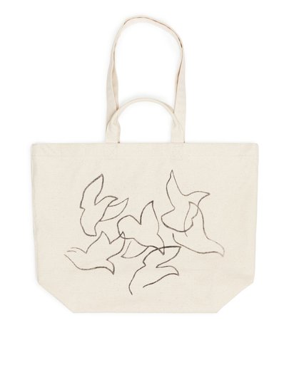 Bird Motif Canvas Tote Bag - White