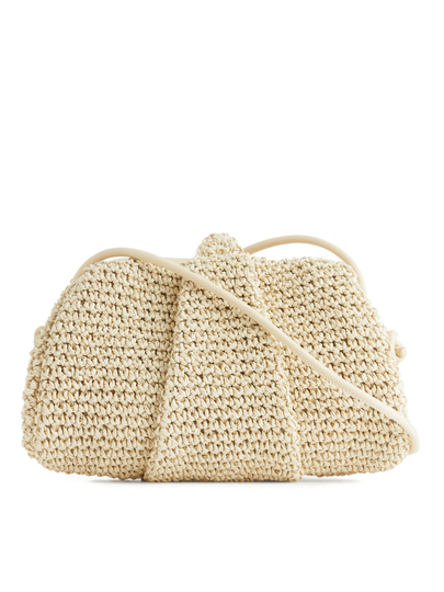 Leather Trimmed Straw Clutch - Beige