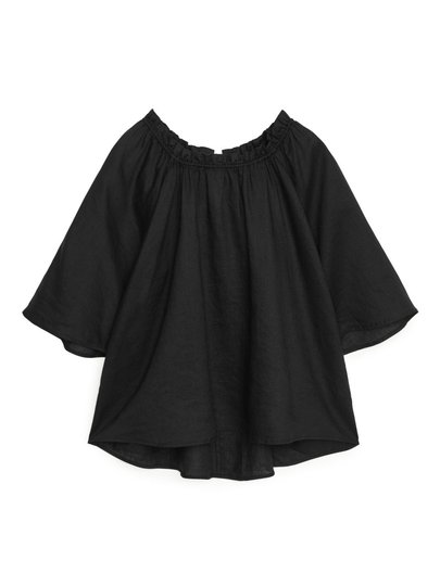 Gathered-Neck Linen Blouse - Black