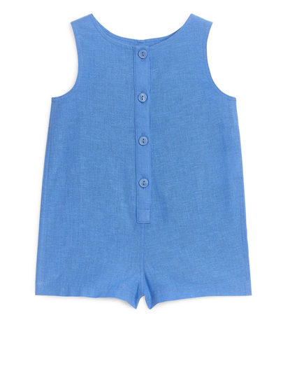 Cotton-Linen Short Dungarees - Blue
