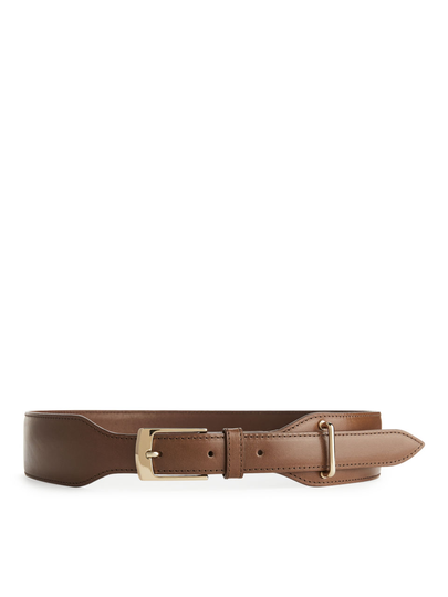 High Waist Leather Belt - Beige