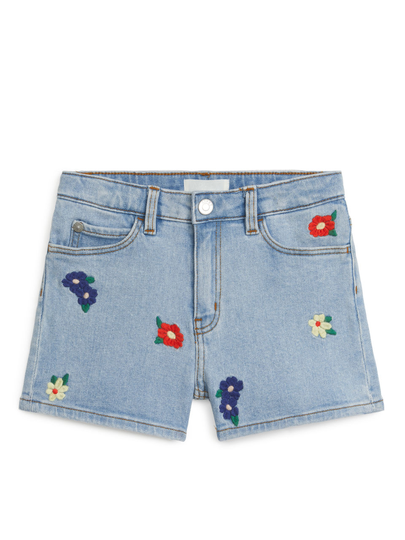 Embroidered Denim Shorts - Blue