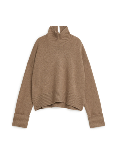 High-Neck Wool Jumper - Brown