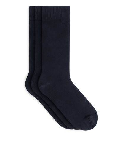 Mercerised Cotton Socks, 3 Pairs - Blue