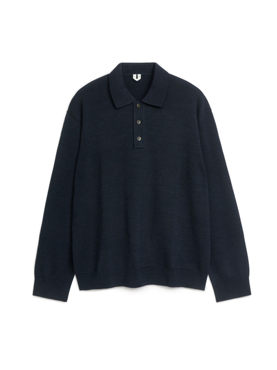 Long-Sleeved Merino Polo Shirt - Blue