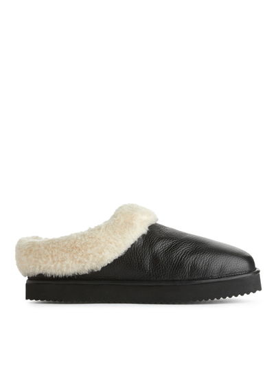 Leather Pile Slippers - Black