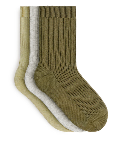 Rib Knit Socks, 3 Pairs - Green