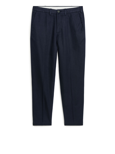 Regular Cropped Cotton-Linen Trousers - Blue