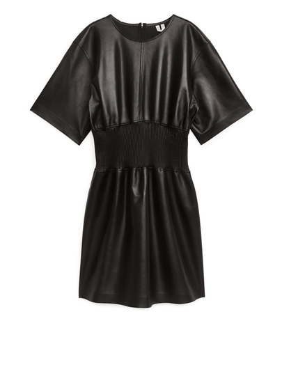 Rib-Waist Leather Dress - Black