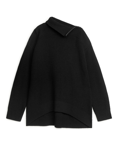 Zip Detail Wool Blend Jumper - Black